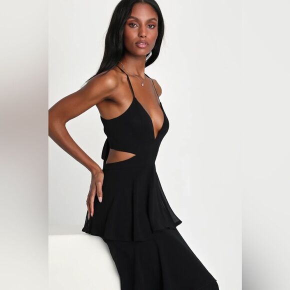 Lulus NWT Tier and Now Black Tie-Back Tiered Maxi Dress in black size XS - Picture 3 of 6